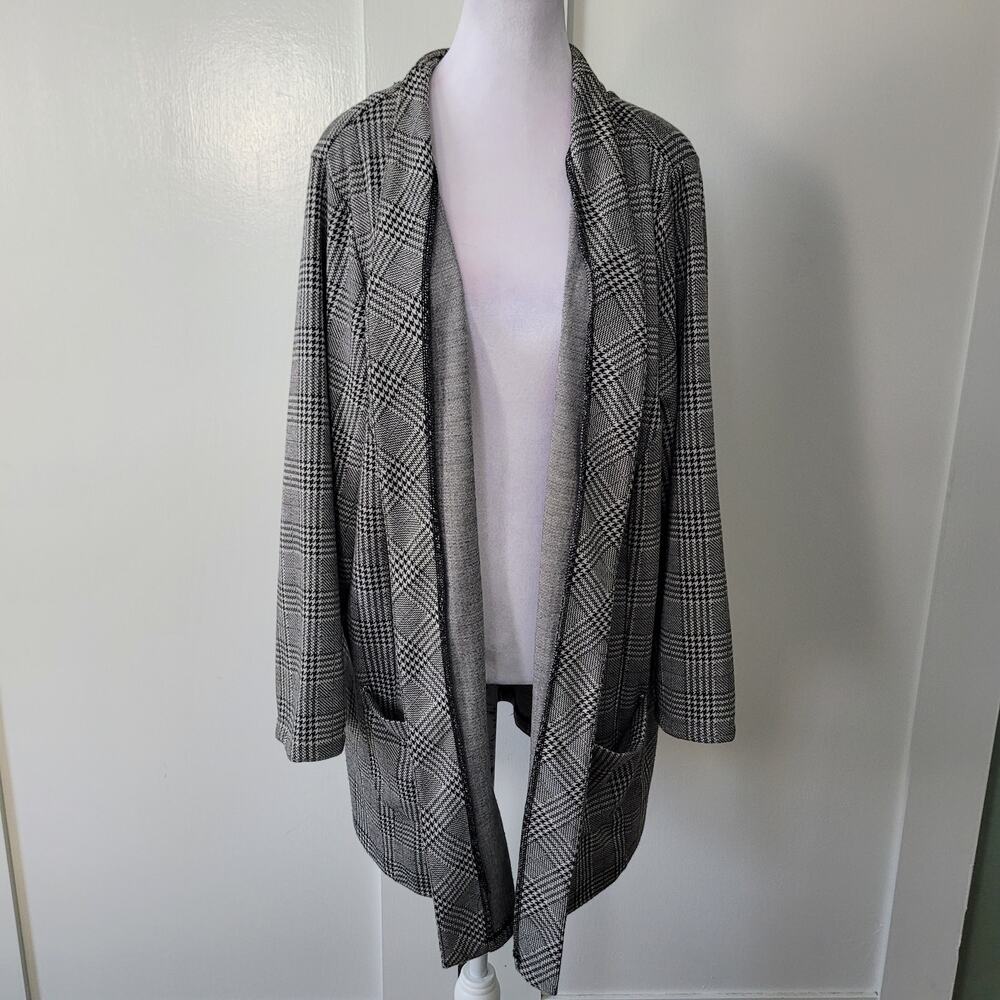Catherines Womens Size 3X Open Front Plaid Houndstooth Blazer‎ Black White